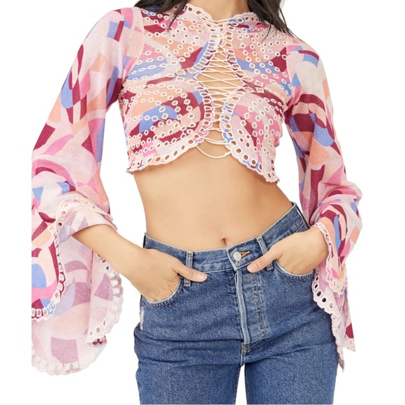 Free People Tops - NWT Free People Eyes on You Bell Sleeve Eyelet Mesh Crop Top Sz M
